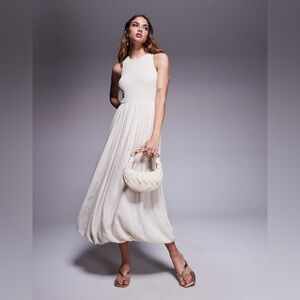 RiverIsland Studios ‘Somewhere to Go’ bubble hem linen mix midi dress in cream